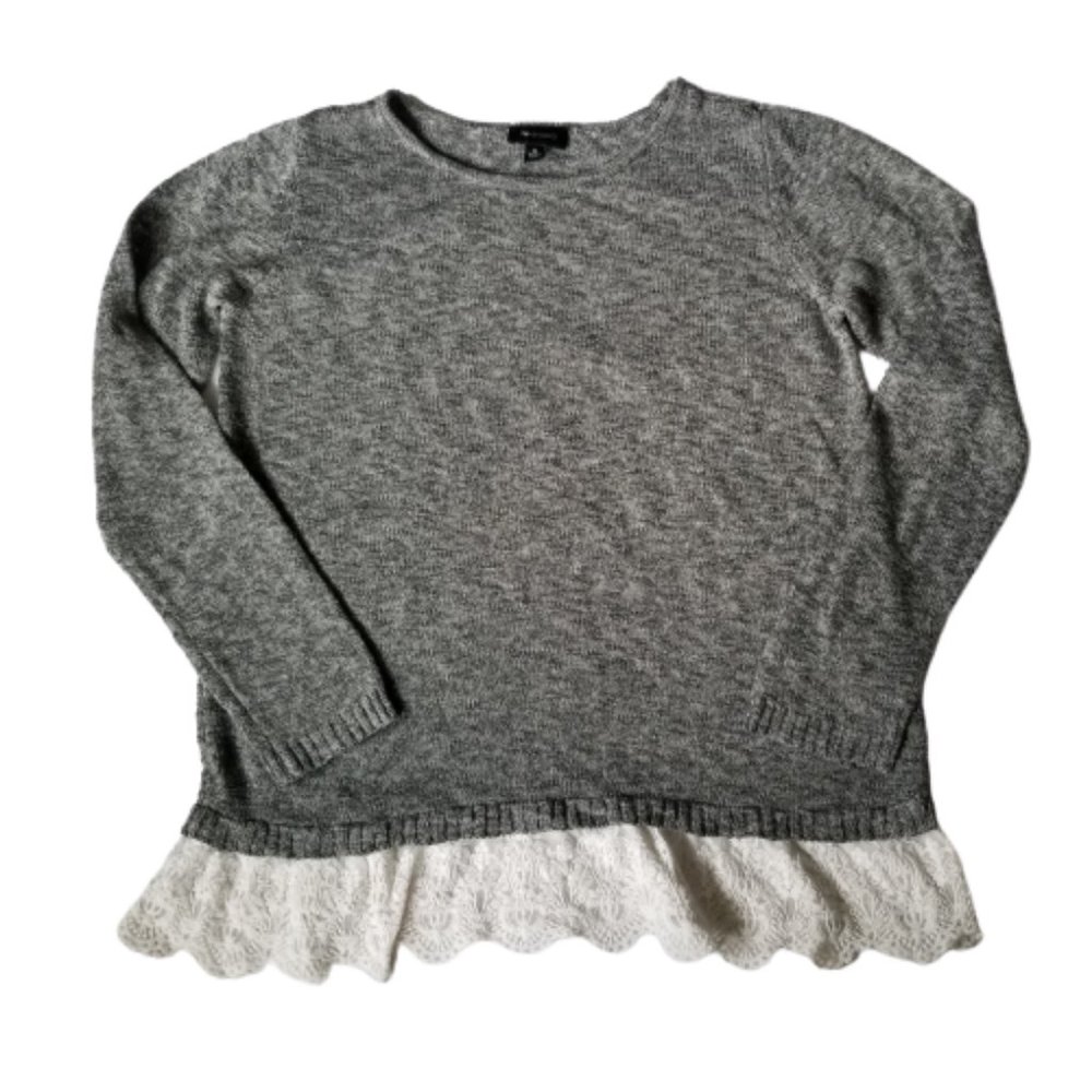 AB Studio Gray Knit Sweater with Lace Trim